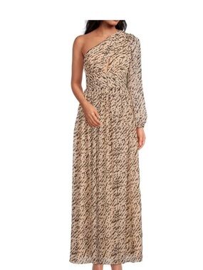 One-Shoulder Beige Animal-Print Maxi Dress